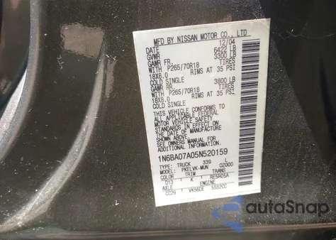 2005 Nissan Titan Le from USA, damaged, VIN 1N6BA07A05N520159